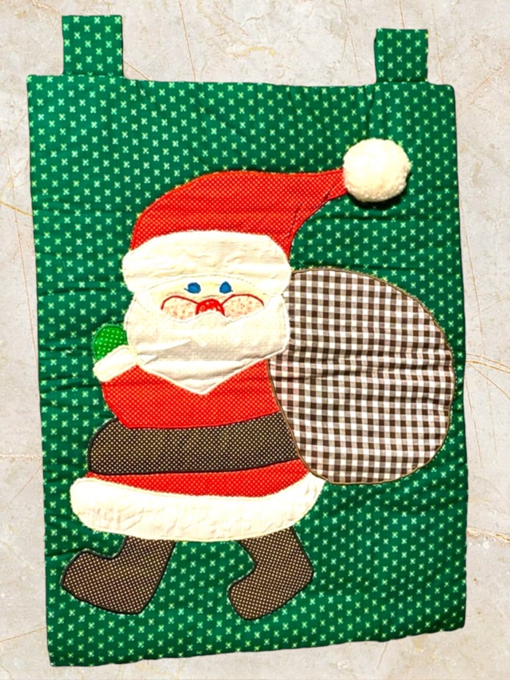 Handmade Christmas Santa Quilted Cotton Patchwork Wall Hanging  17” X 25” Vintag